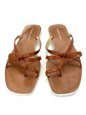 Etienne Aigner Malta Women Flat Sandal Size 9 Tan Leather Strappy Ring/Thong-Toe